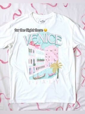 Hollister Venice Italy Graphic Tee - White with Pastel Pink & Teal Print